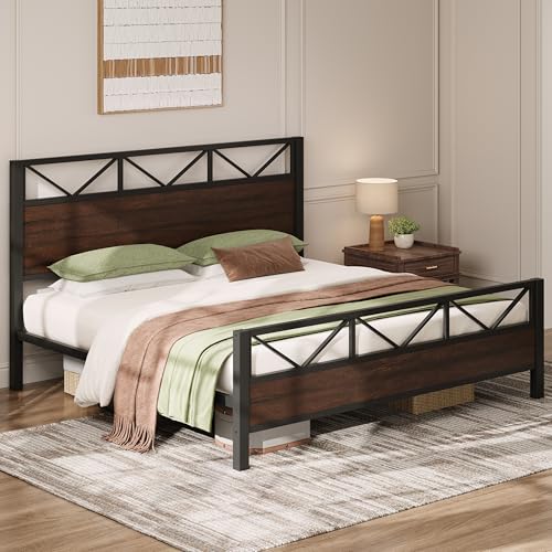 King Bed Frame, Dark Brown Industrial Headboard, view 7
