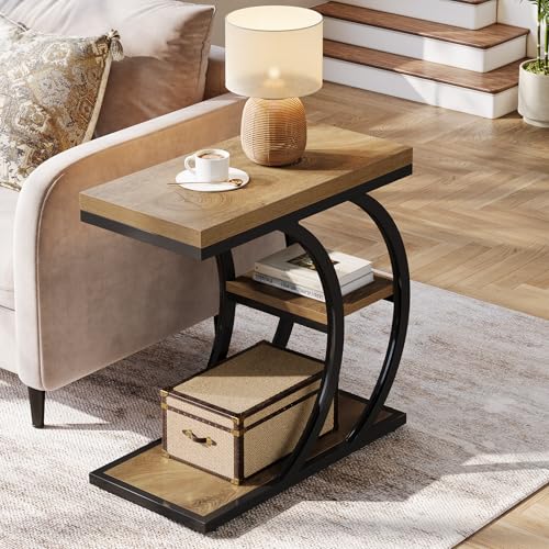 Tribesigns End Table for Living Room, 3-Tier Narrow Wood Couch C-Shaped Side Table with Storage, Industrial Nightstand for Bedroom, Small Spaces, Natural