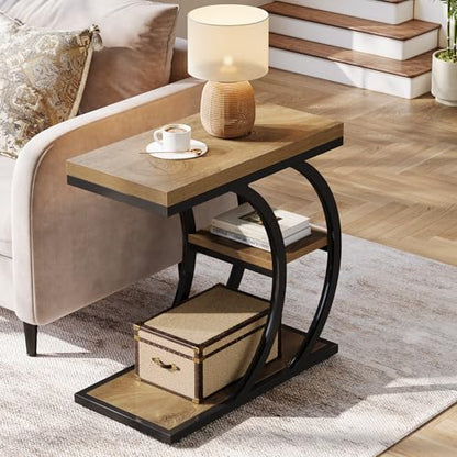 Tribesigns End Table for Living Room, 3-Tier Narrow Wood Couch C-Shaped Side Table with Storage, Industrial Nightstand for Bedroom, Small Spaces, Natural