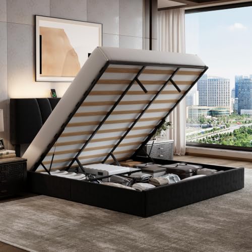 King Lift Up Storage Bed Frame/Charging Station/LED Light, Black, view 2