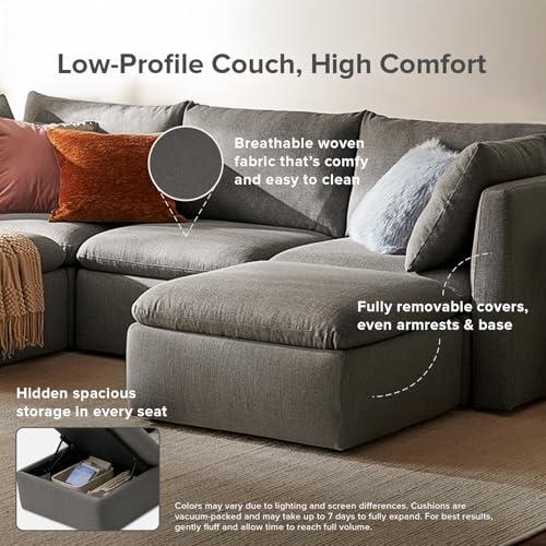 Oversized Modular Sectional Sofa with Fully Removable Covers and Storage, Convertible U, L-Shaped and Sleeper Sectional, Modern Couches with Ottoman Chaise (Stone Gray Fabric, 4 Seats, L)