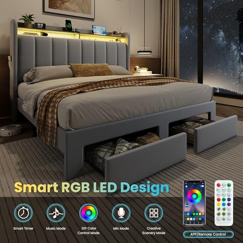 Velvet Queen Bed Frame with Vertical Channel Tufted Wingback Headboard & 2 Storage Drawers/2-Tier Shelves with LED Lights & Charging Station/Noise-Free/No Box Spring Needed/Light Grey