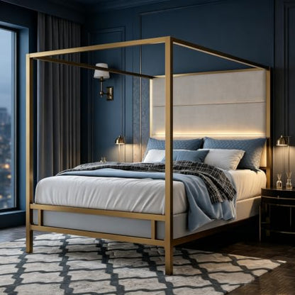 JIJIWANG Queen Size Canopy Bed Frame with Linen Headboard & 4-Poster, Gold, view 3