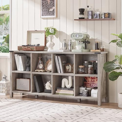 8 Cube Book Shelf, Farmhouse Wood Long Storage Organizer Bookcase, 62" Horizontal Grey Oak Console Closet Bookshelf, Hallway TV Stand for Entryway, Display Cabinet Book Case for Living Room