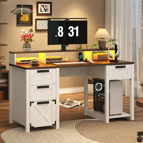 59" Farmhouse Computer Desk with 4 File Drawer & Power Outlet & Led Lights, view 4