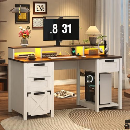59" Farmhouse Computer Desk with 4 File Drawer & Power Outlet & Led Lights, view 4