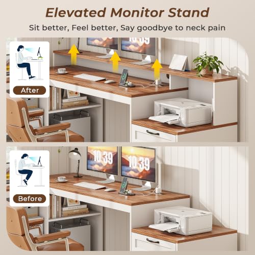 59" Farmhouse L Shaped Desk with Drawers Monitor Stand, Power Outle, view 7