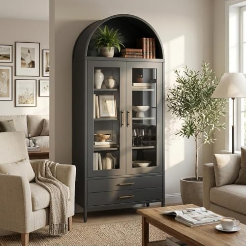 Tall Arched Storage Cabinet 73", Black Metal Curio Cabinet with Glass Door, 2 Drawers and 2 Adjustable Shelves, Modern Freestanding Display Cabinet for Living Room, Dining Room, Entryway, Home Office