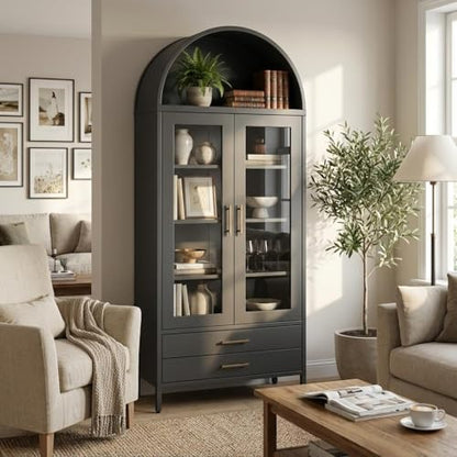 Tall Arched Storage Cabinet 73", Black Metal Curio Cabinet with Glass Door, 2 Drawers and 2 Adjustable Shelves, Modern Freestanding Display Cabinet for Living Room, Dining Room, Entryway, Home Office