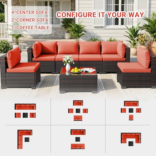 7-Piece Outdoor Patio Furniture Sets, Manual Weaving Rattan Conversation Sectional Sofa with Tempered Glass Coffee Table, All-Weather PE Wicker & Thick Cushions for Garden, Backyard, Porch