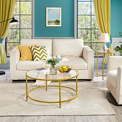 Yaheetech Coffee Table Set of 3, Round Coffee Table & 2pcs Accent End Table Easy Assembly w/Glass-Top Surface & Reinforced Frame for Living Room,Apartment,Small Space,Mustard Gold