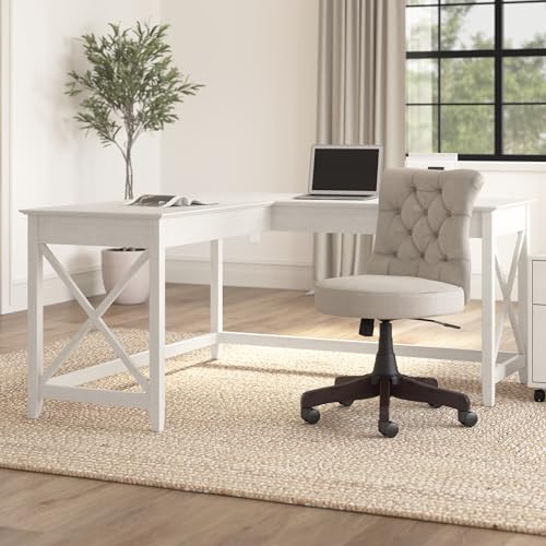 Key West 60W Modern Farmhouse L Shaped Desk in Linen White Oak, 60-Inch Corner Computer Table for Home Office Workspace