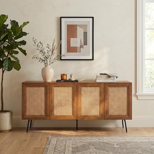MOSSIC Modern Sideboard with 4 Doors, Natural Rattan Storage Cabinet, Buffet with Metal Legs, Boho Accent Cabinet for Living Room, and Entryway, Effortless Assembly, Teak Look
