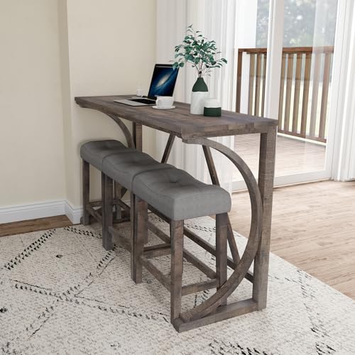 4-Piece Farmhouse Counter Height Dining Set, Bar Table and Chairs Set, Wood Dining Table Set with Power Outlet and 3 Upholstered Stools for Breakfast Nook, Living Room, Brown Yellow