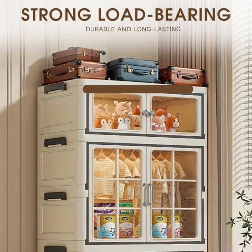 Stackable Plastic Storage Cabinet with Transparent Windows, Collapsible Closet Organizer with Wheels (1+1 Plus)