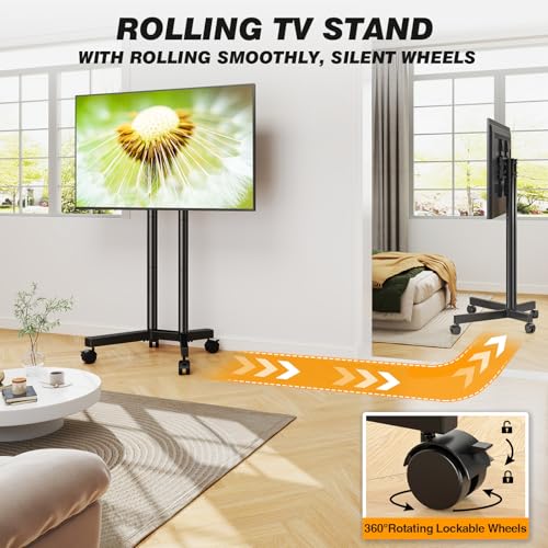 Dual-Pole Rolling TV Stand for 32-75 inch LCD LED Flat & Curved TVs, Height Adjustable Portable TV Stand with Lockable Wheels, Mobile TV Cart up to 88lbs for Bedroom, Living Room, Outdoor