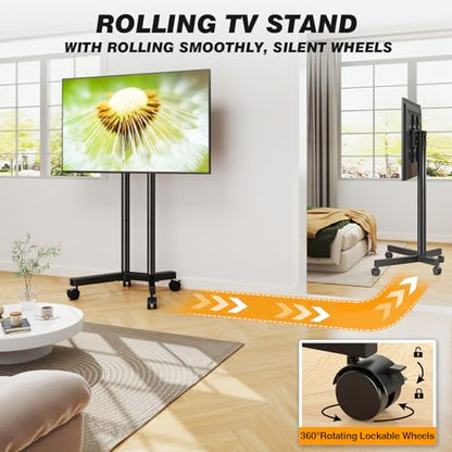 Dual-Pole Rolling TV Stand for 32-75 inch LCD LED Flat & Curved TVs, Height Adjustable Portable TV Stand with Lockable Wheels, Mobile TV Cart up to 88lbs for Bedroom, Living Room, Outdoor