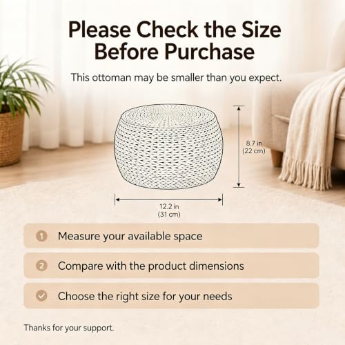 Small Straw Round Pouf Ottoman, Natural Mini Solid Wood Footrest, Boho Low Tatami Footstool for Living Room Bedroom Patio, 12.2"×12.2"×8.7", Ideal for Foot Rest