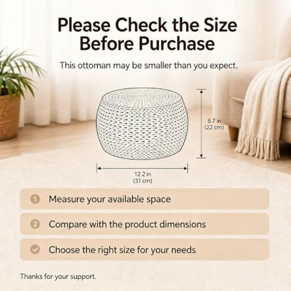 Small Straw Round Pouf Ottoman, Natural Mini Solid Wood Footrest, Boho Low Tatami Footstool for Living Room Bedroom Patio, 12.2"×12.2"×8.7", Ideal for Foot Rest