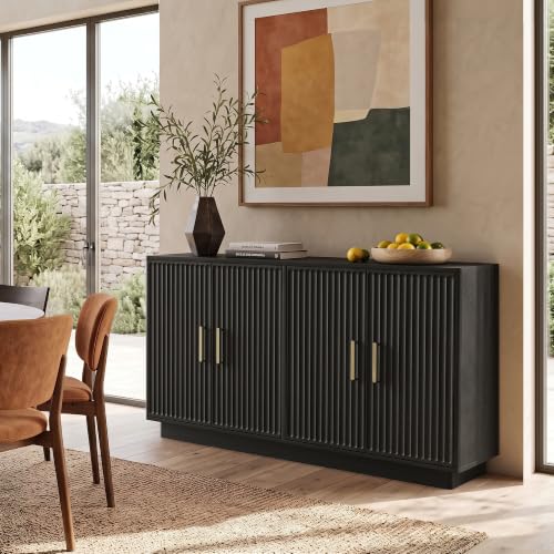 55" Fluted Buffet Cabinet with Storage, Modern Credenza, Black, view 7