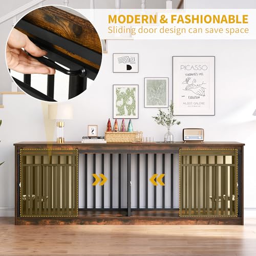 86.6" Double Dog Crate Furniture with 4 Dog Bowls, view 4