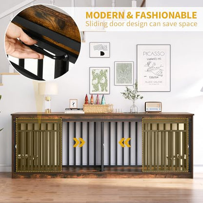 86.6" Double Dog Crate Furniture with 4 Dog Bowls, view 4
