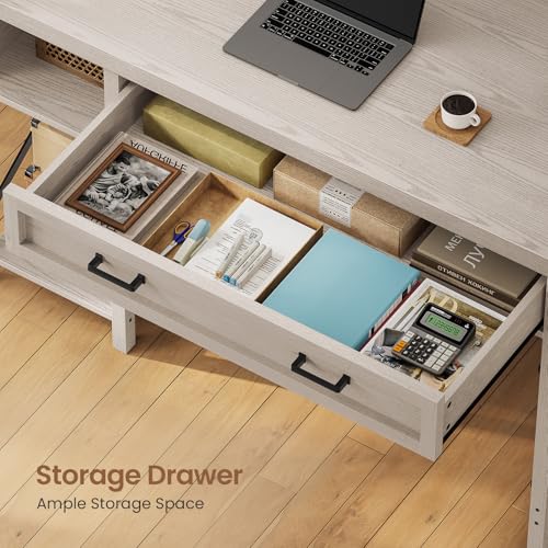 Farmhouse Small Desk with Drawers, 40" Computer Desk with Storage Shelves, Writing Desk for Small Space and Power Outlet, Desk for Bedroom, Home Office, Mahogany Grey