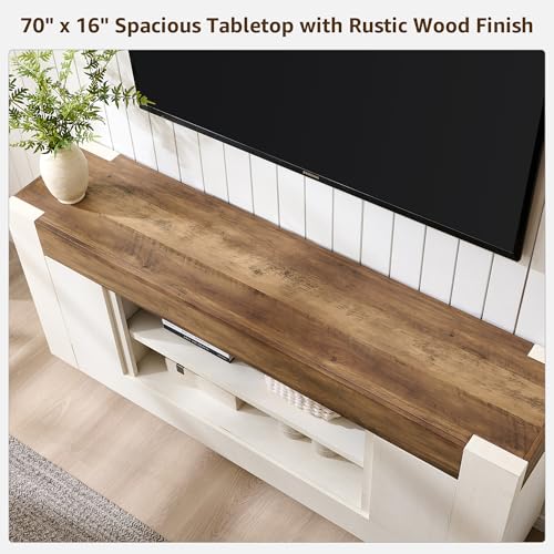 Modern 70" TV Stand, Entertainment Center for TVs Up to 80", Media Console with Large Open Storage & Side Cabinets, Thick Wood Design for Living Room, Antique White