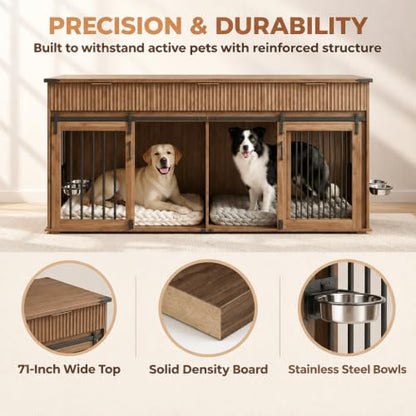 71" Double Dog Crate Furniture, Walnut Furniture Crate with Dividers., view 7