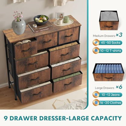 Dresser for Bedroom, 9 Storage Drawers, Wide Fabric Closet Chests Organizer Tower Furniture, TV Stand with Wooden Top Metal Frame for Clothes, Living Room, Hallway, Entryway, Rustic Brown