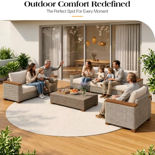 6-Piece Wicker Patio Furniture Set with Solid Wood Armrest, Outdoor Patio Set with Thick Legs, UV-Resistant Modular Outdoor Sectional Sofa for Backyard, Porch, Garden