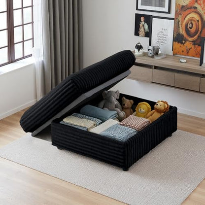 35.3" Corduroy Ottoman with Storage Oversized Ottoman for Modular Sectional Couches Foot Rest Stool with Hidden Compartment for Living Room, Apartment (Black, 35.3")