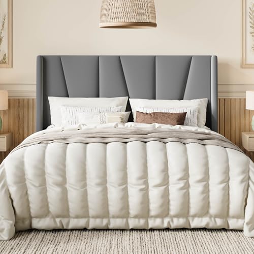 Queen Size Upholstered Platform Bed Frame with Headboard, Grey, view 2