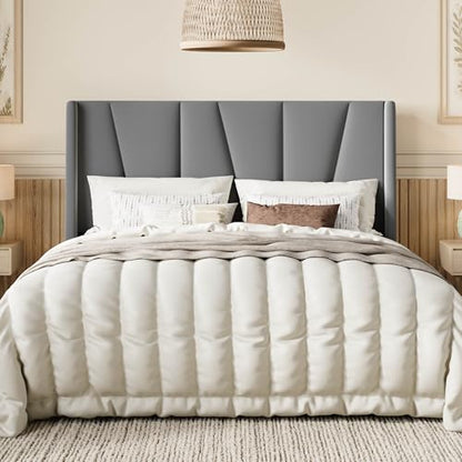 Queen Size Upholstered Platform Bed Frame with Headboard, Grey, view 2