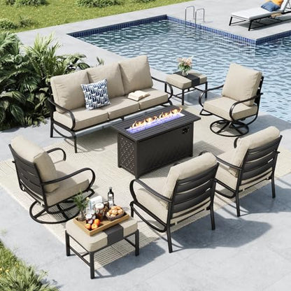 Patio Furniture Sets with 45" Gas Fire Pit Table, 8 Pieces Outdoor Metal Conversation Sets with 1 x 3-Seat Sofa, 2 Single Chairs, 2 Swivel Chairs and 2 Ottomans, Beige Cushion