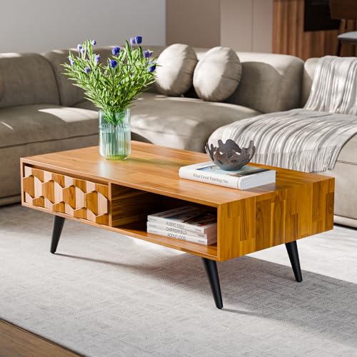 Georgina Solid Wood Coffee Table, 2 Drawers & Open Shelves, Mid Century Modern Center Table, 110 cm, Teak Brown, Pre-Assembled