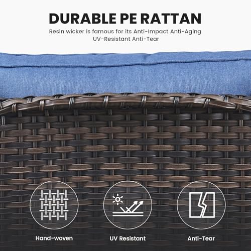 Outdoor Furniture Set Patio Wicker Chairs, 3 Peices Porch Rattan Furniture with Side Table, Deep Seating Patio Bistro Chair Sets (Blue Cushion)