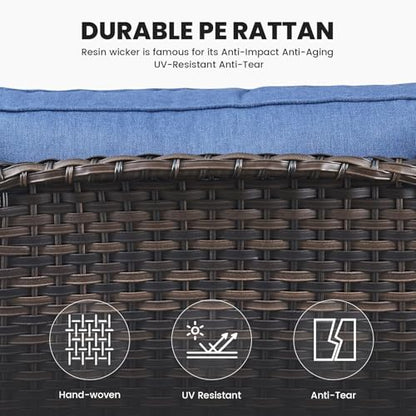 Outdoor Furniture Set Patio Wicker Chairs, 3 Peices Porch Rattan Furniture with Side Table, Deep Seating Patio Bistro Chair Sets (Blue Cushion)