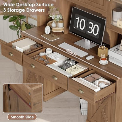 75" Executive Desk with Hutch and Drawers, Computer Desk with Glass Door and Storage Cabinet, 63" W Large Farmhouse Workstation for Home Office Study Writing Gaming Table, Brown
