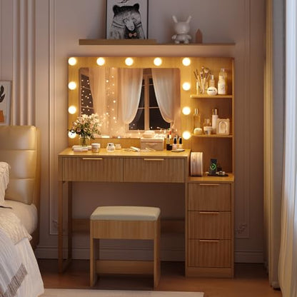 Fluted Makeup Vanity Desk with Mirror & Lights & Power Outlet, view 3