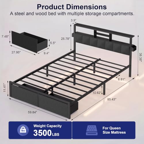 Queen Bed Frame with LED Lights, Storage Drawers and Charging Station, view 3