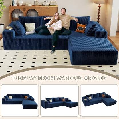 96" Cloud Sectional Couch with L-Shaped Chaise, Modern Corduroy Sectionals Couches with Deep Seat, Boneless Sofa 3 Seater for Living Room, No Assembly Required (Blue, Right Facing Chaise)