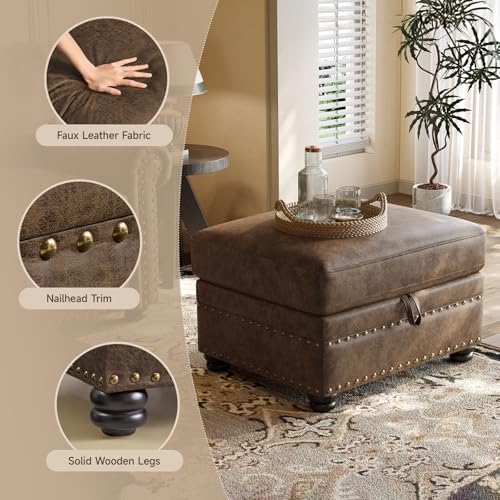Faux Leather Ottoman with Storage, Rectangle Ottoman Coffee Table with Nailhead Trim, Solid Wood Legs, Oversized Upholstered Footrest Stool for Living Room, Bedroom, Apartment, Brown