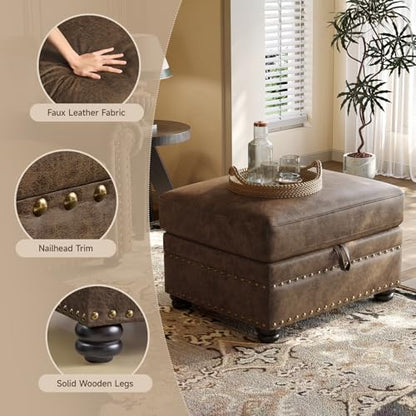 Faux Leather Ottoman with Storage, Rectangle Ottoman Coffee Table with Nailhead Trim, Solid Wood Legs, Oversized Upholstered Footrest Stool for Living Room, Bedroom, Apartment, Brown