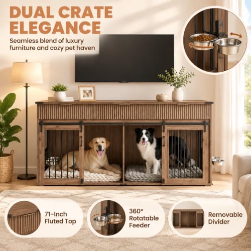 71" Double Dog Crate Furniture, Walnut Furniture Crate with Dividers., view 3