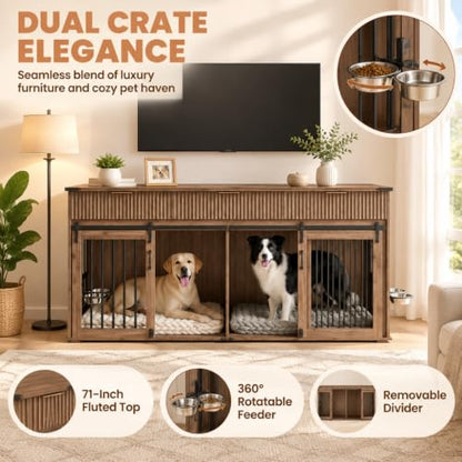 71" Double Dog Crate Furniture, Walnut Furniture Crate with Dividers., view 3