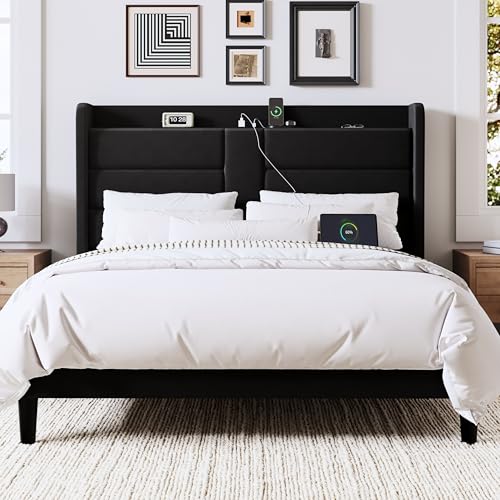 Queen Size Platform Bed Frame with Charging Station & Storage Headboard, view 4