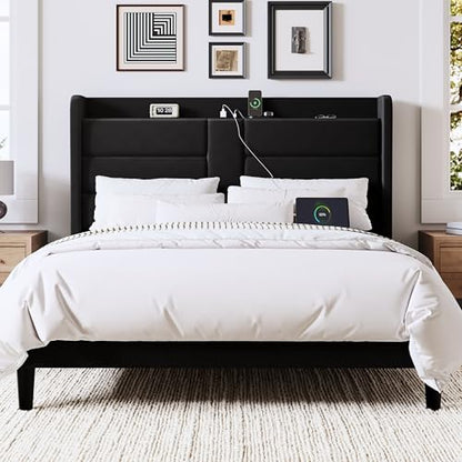 Queen Size Platform Bed Frame with Charging Station & Storage Headboard, view 4
