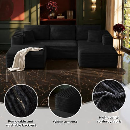 106" Boneless Couch, U Shaped Sectional Sofa with Deep Seat, Modular Cloud Couch with 2 Ottomans, No Assembly Corduroy Couch for Living Room, Black