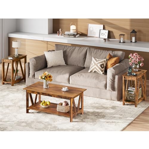 End Tables Living Room Set of 2 with Charging Station, Sofa Side Tables with Open Storage Shelf, Slim Farmhouse End Table Sets, Greige